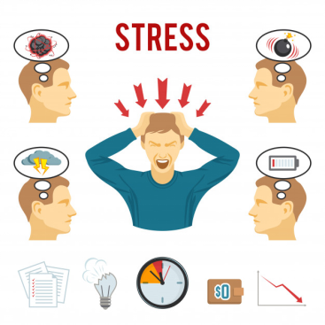 Concept illustration of a person stressed about deadlines, financial issues, and other problems, leading to mood swings.