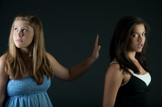 two women with their faces turned away from each other