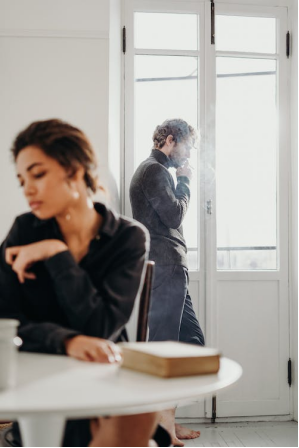 A couple looking away from each other