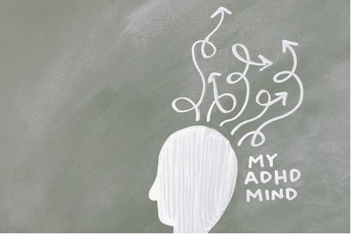 An image showing a head with arrows and the words “My ADHD Mind” written next to it
